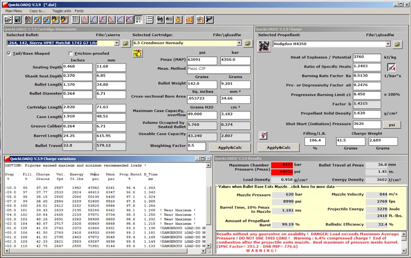 QuickLOAD: 49.00 grain (H₂O) case volume estimated 2769 ft/s