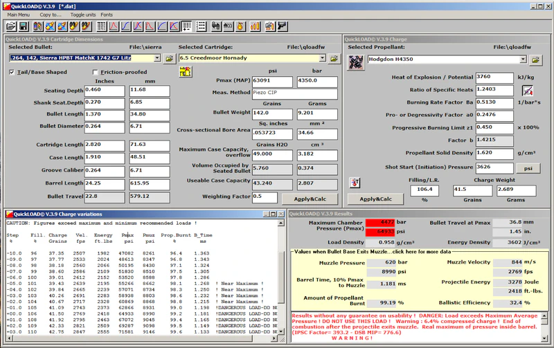 QuickLOAD: 49.00 grain (H₂O) case volume estimated 2769 ft/s